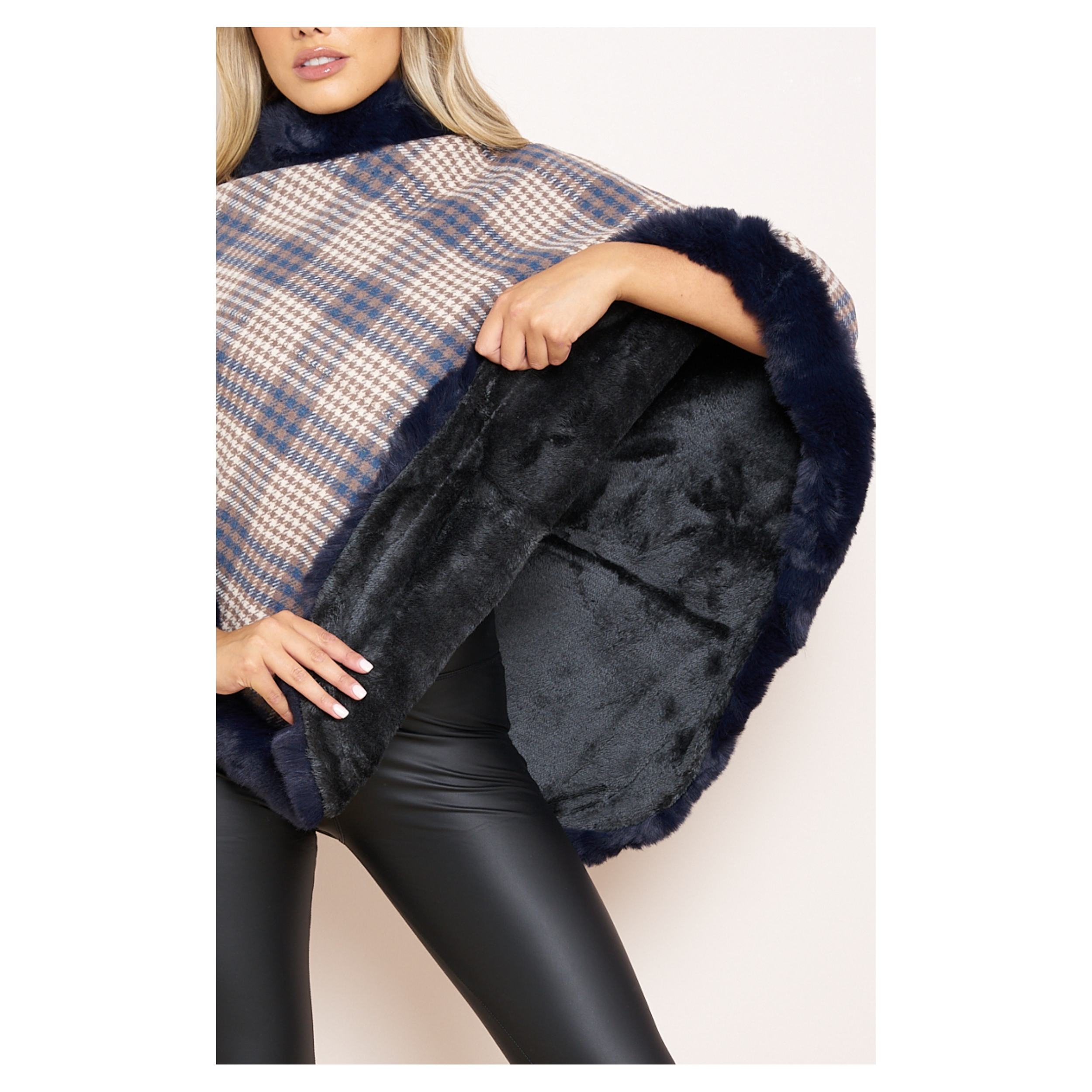 Check Fleeced Lined Faux Fur Poncho - Image 11