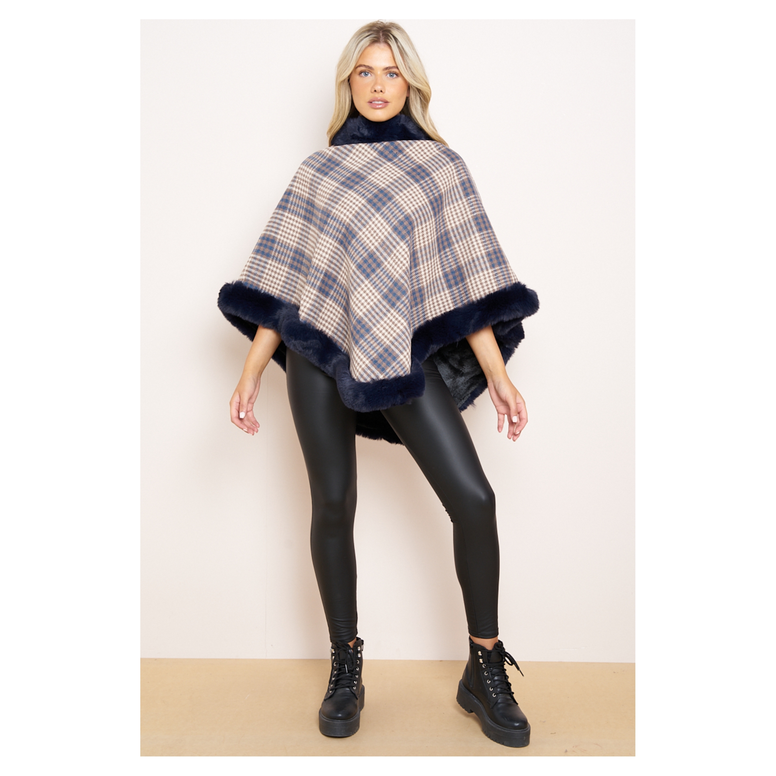 Check Fleeced Lined Faux Fur Poncho - Image 12