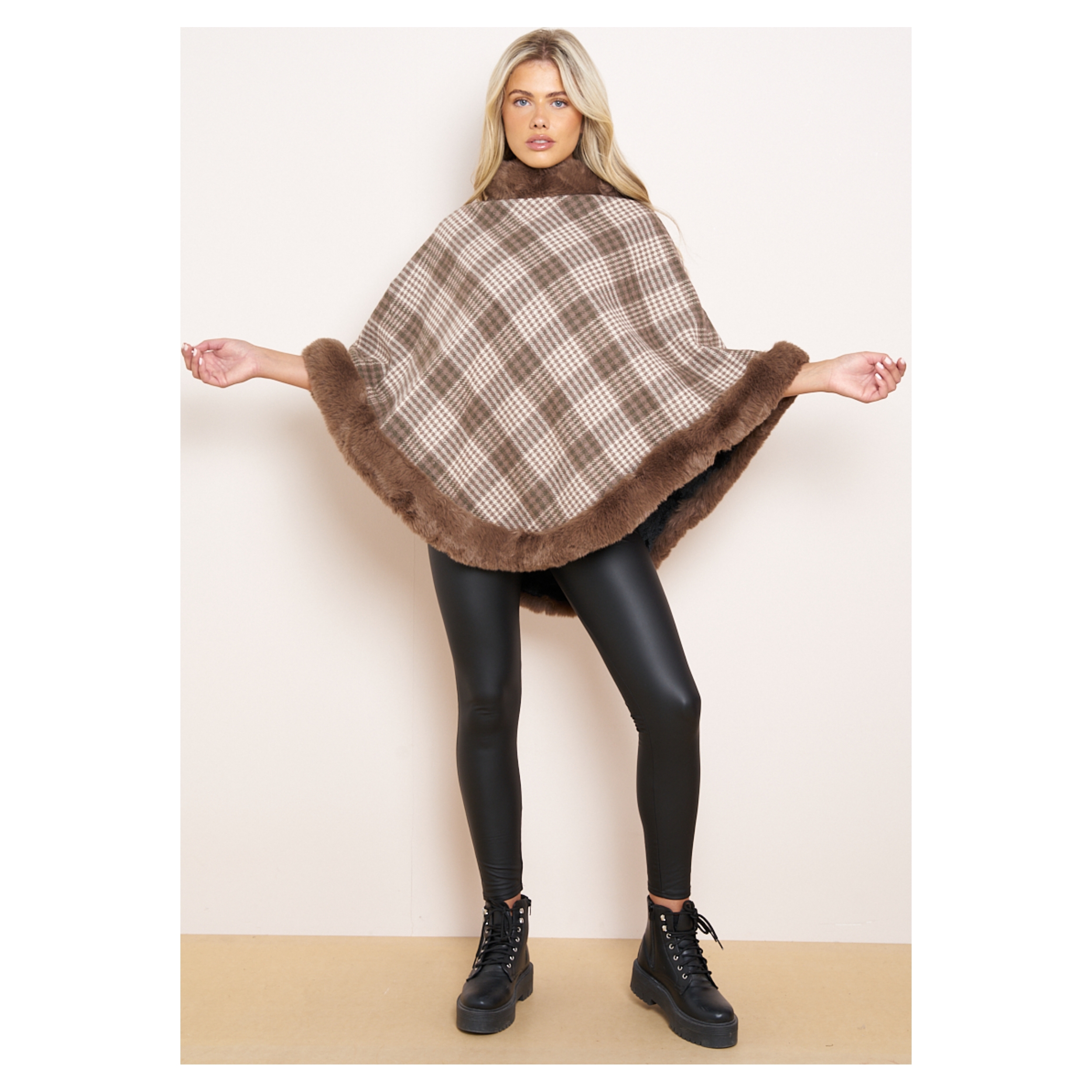 Check Fleeced Lined Faux Fur Poncho - Image 2