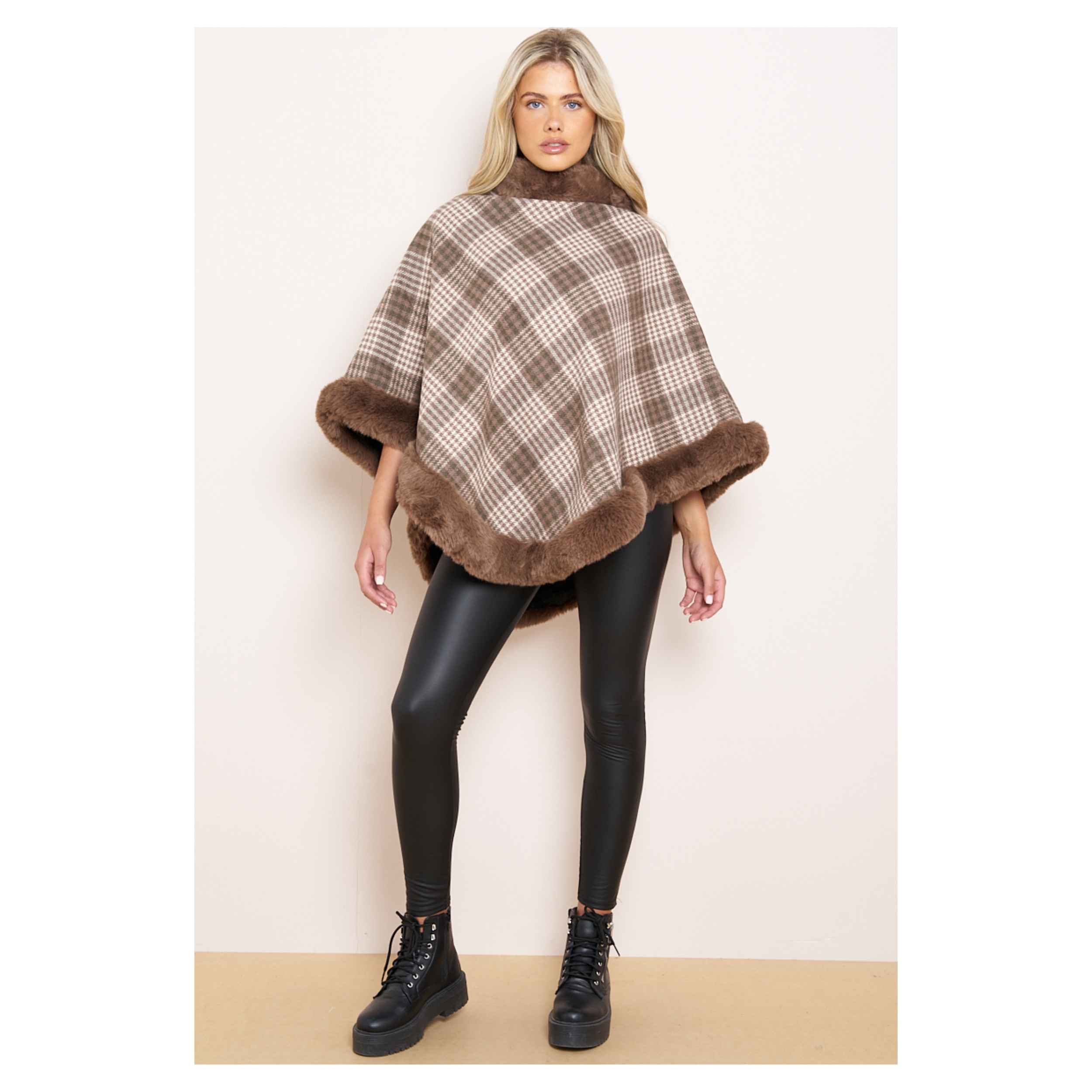 Check Fleeced Lined Faux Fur Poncho - Image 14