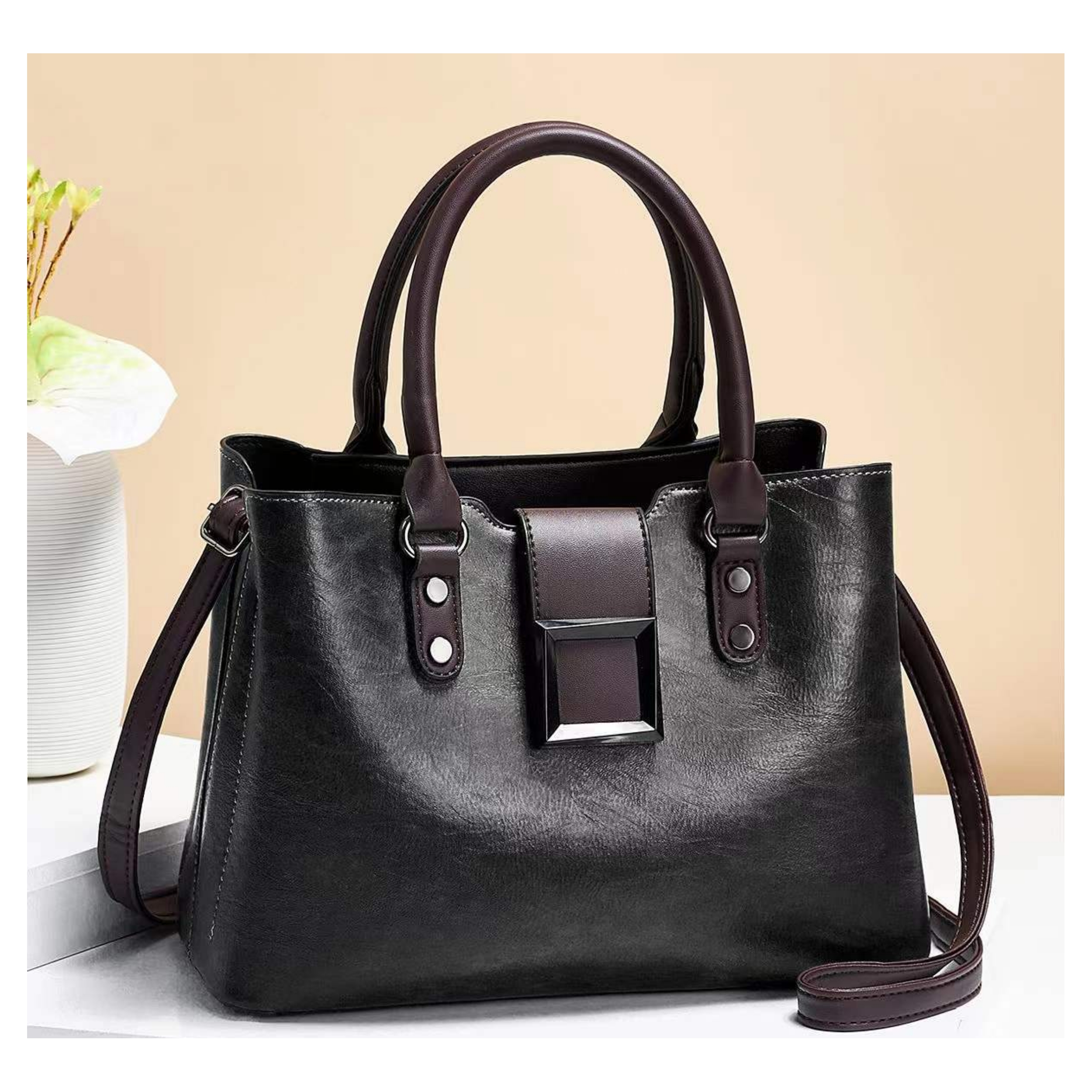Classic Two-toned 3 Compartment Top Handle Bag - Image 2
