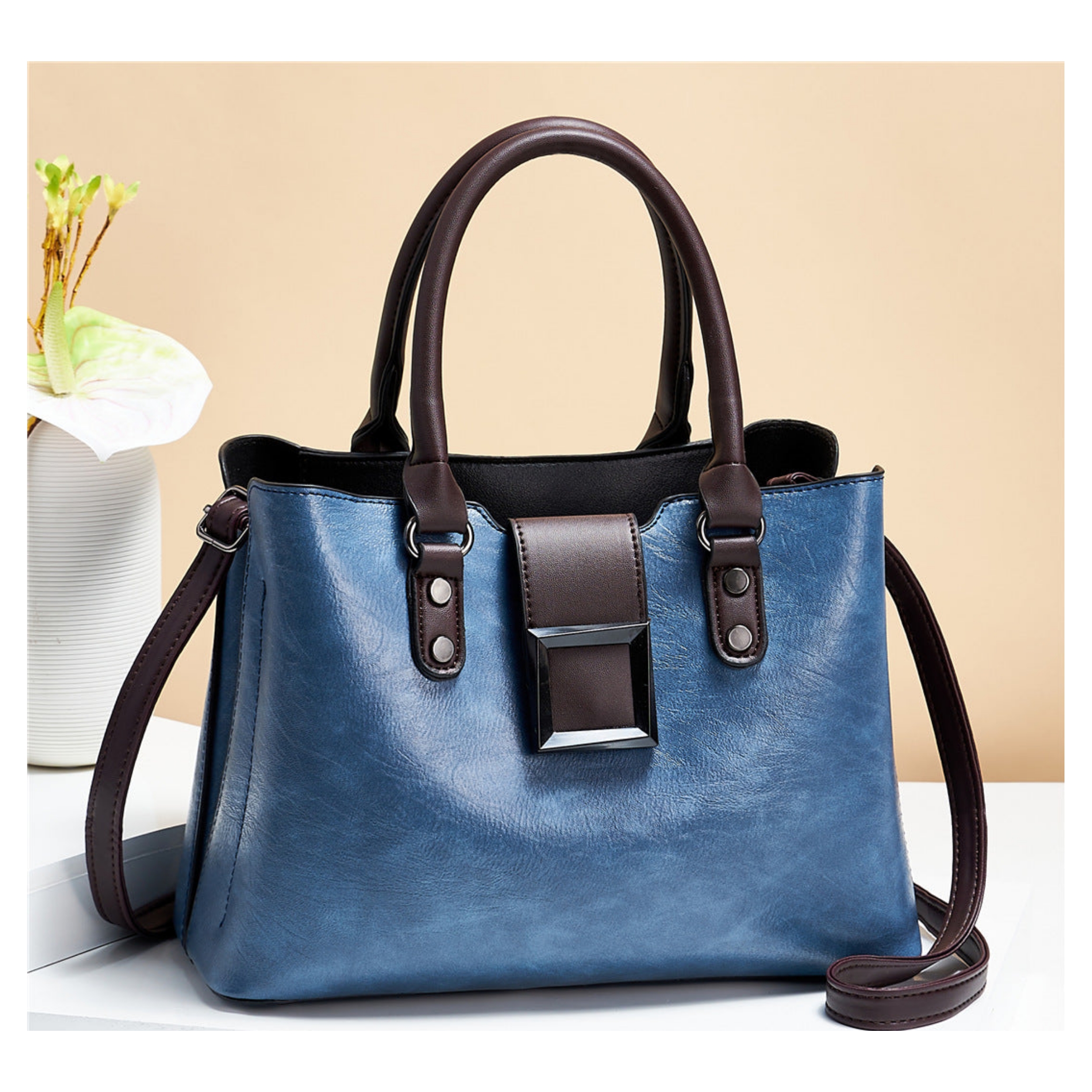 Classic Two-toned 3 Compartment Top Handle Bag - Image 3