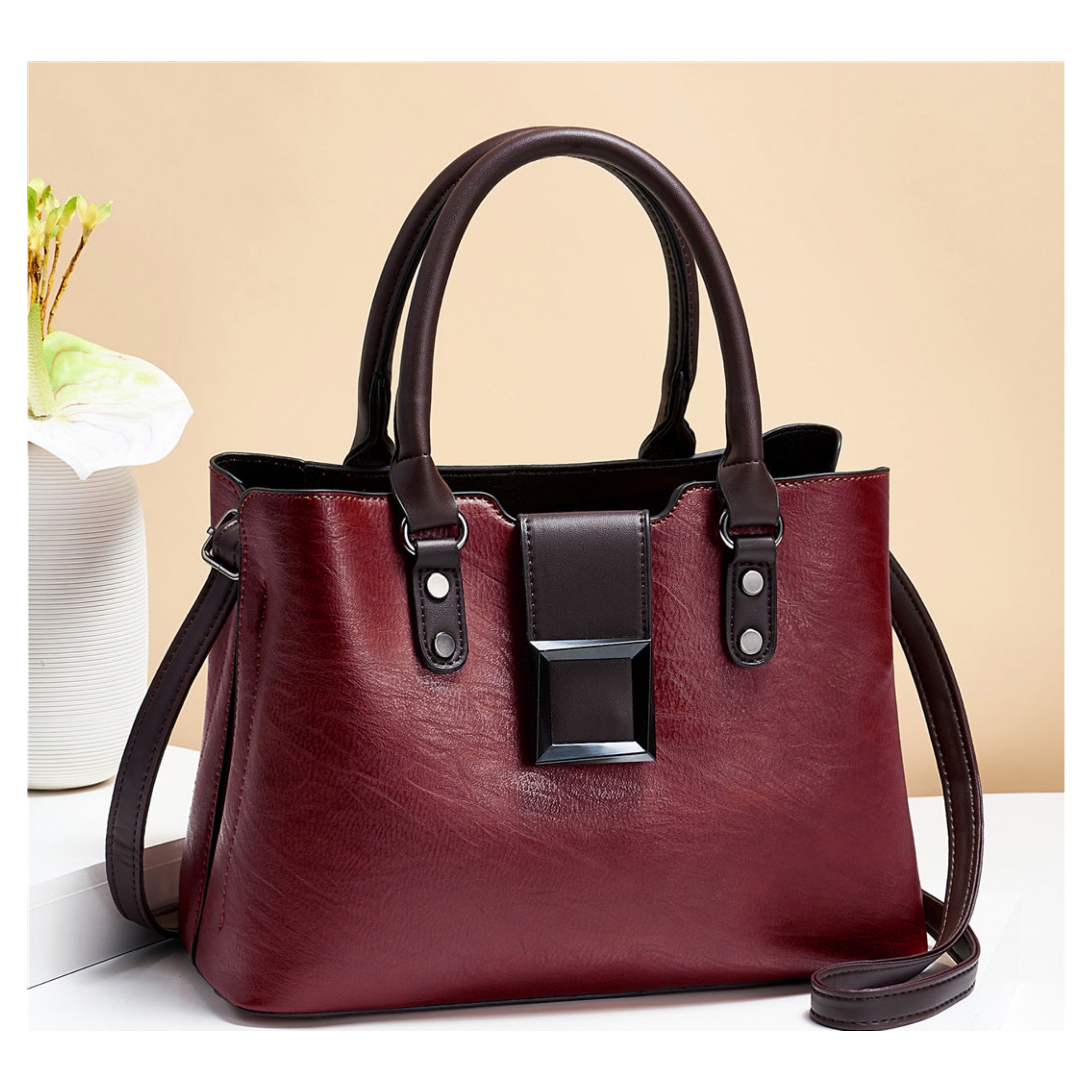 Classic Two-toned 3 Compartment Top Handle Bag - Image 7