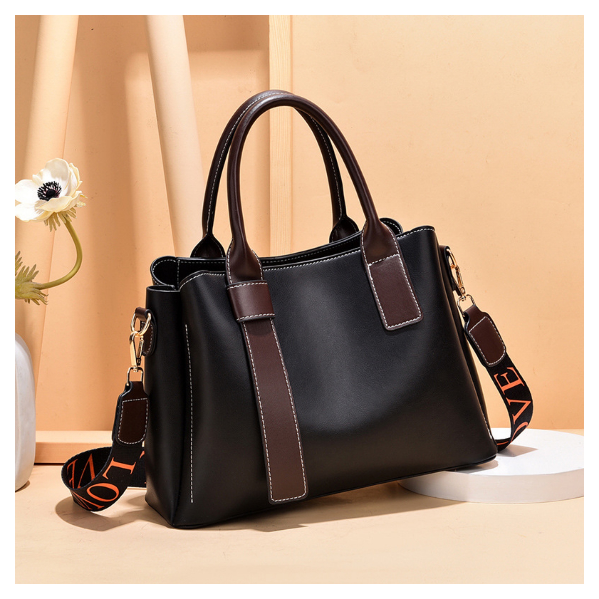 Classic Two-toned 3 Compartment Top Handle Handbag - Image 4