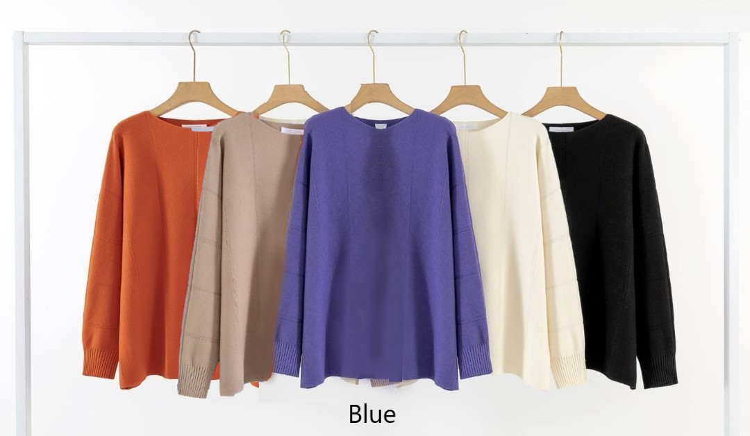 Blue Crew Neck Fine Textured Rib Jumper