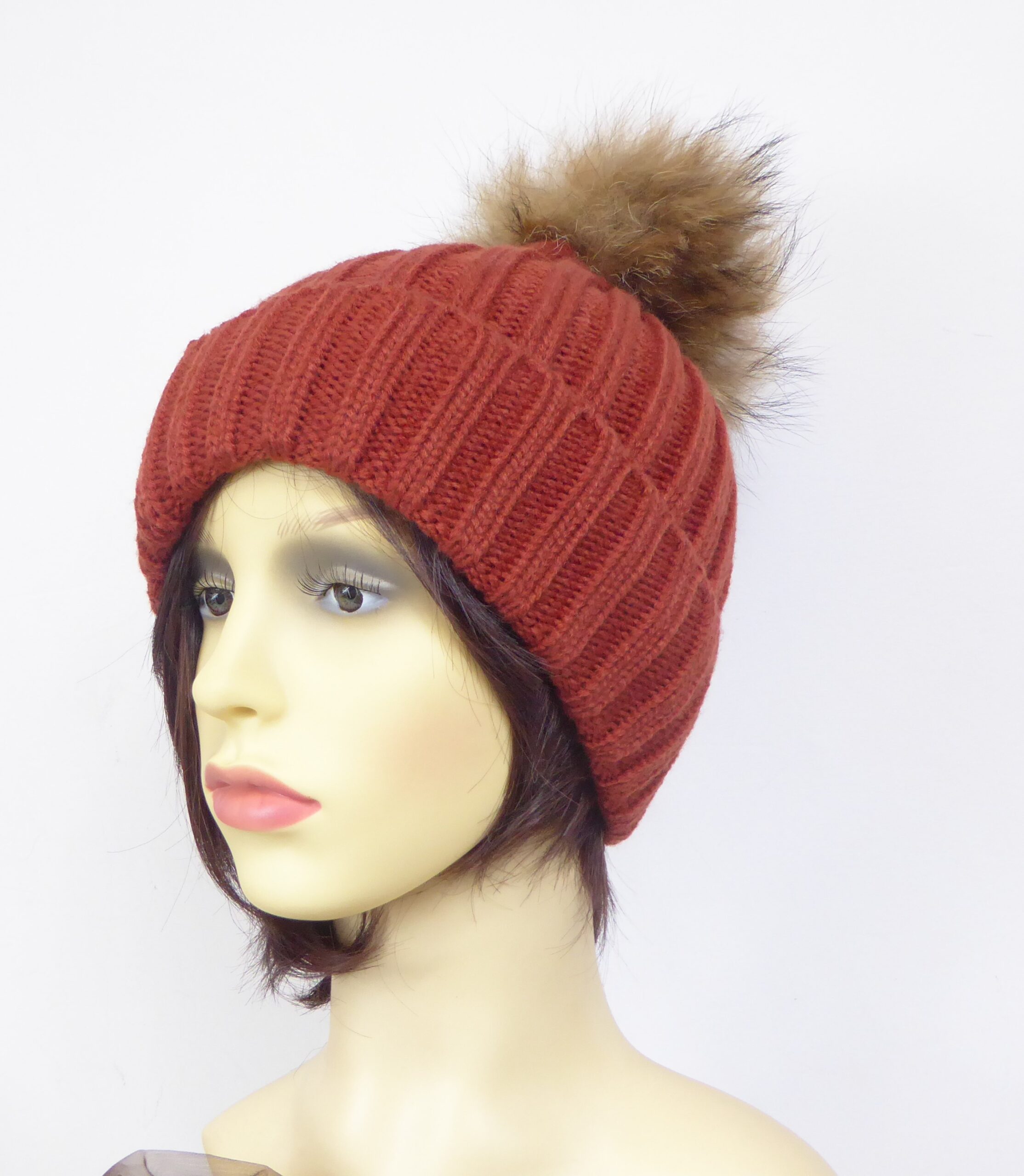 Brick Red Ribbed Pompom Hat