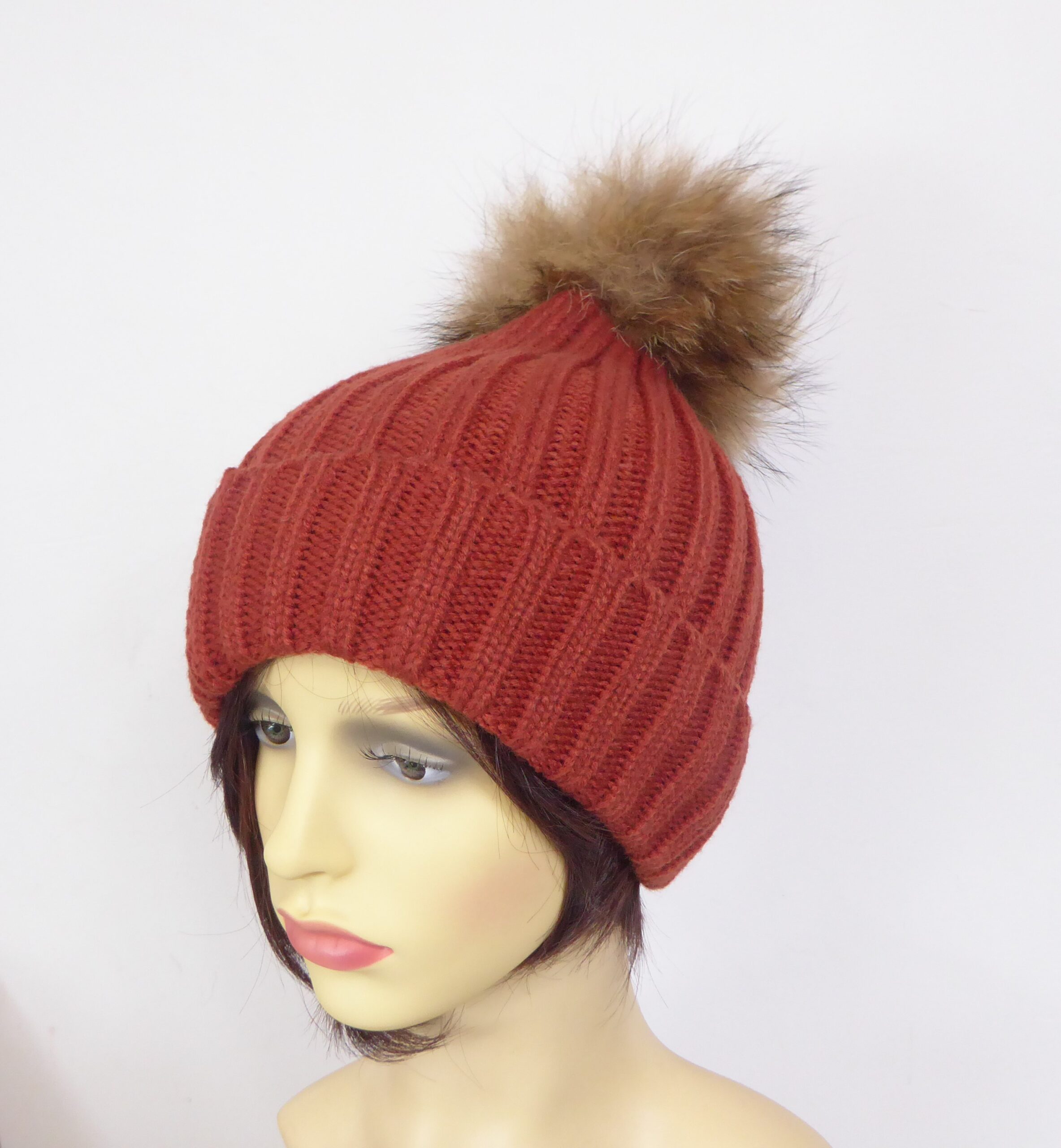 Brick Red Ribbed Pompom Hat - Image 2