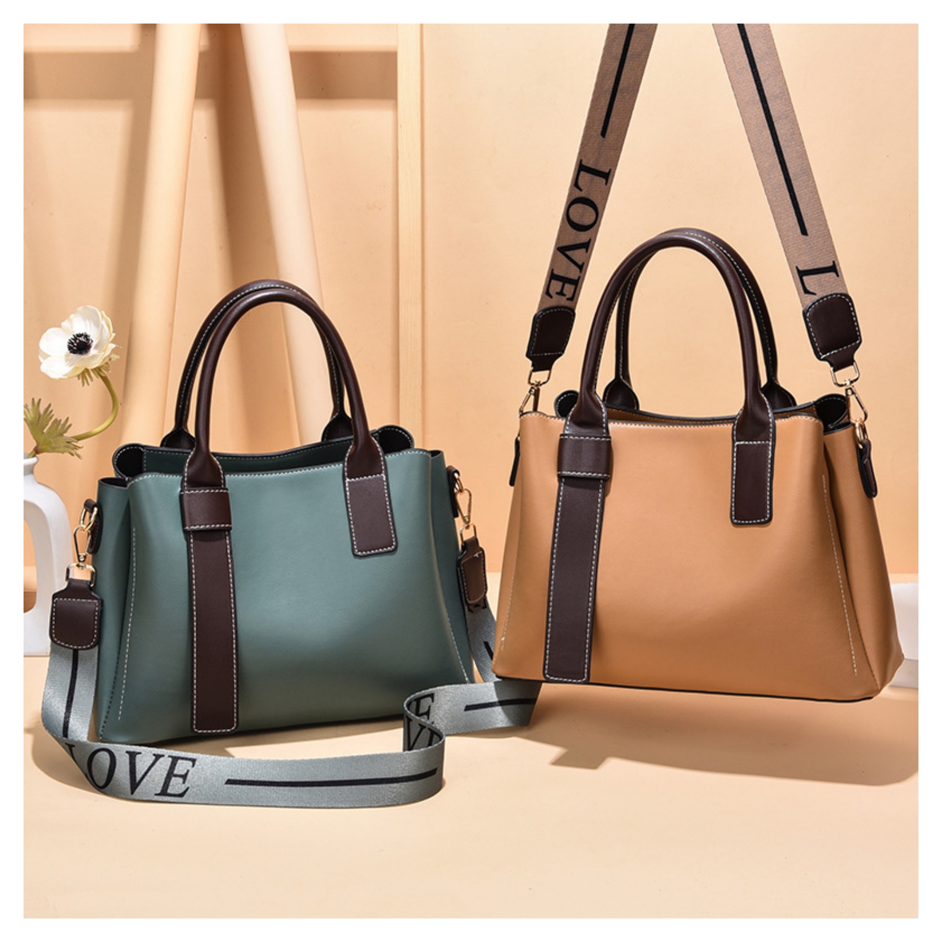 Classic Two-toned 3 Compartment Top Handle Handbag
