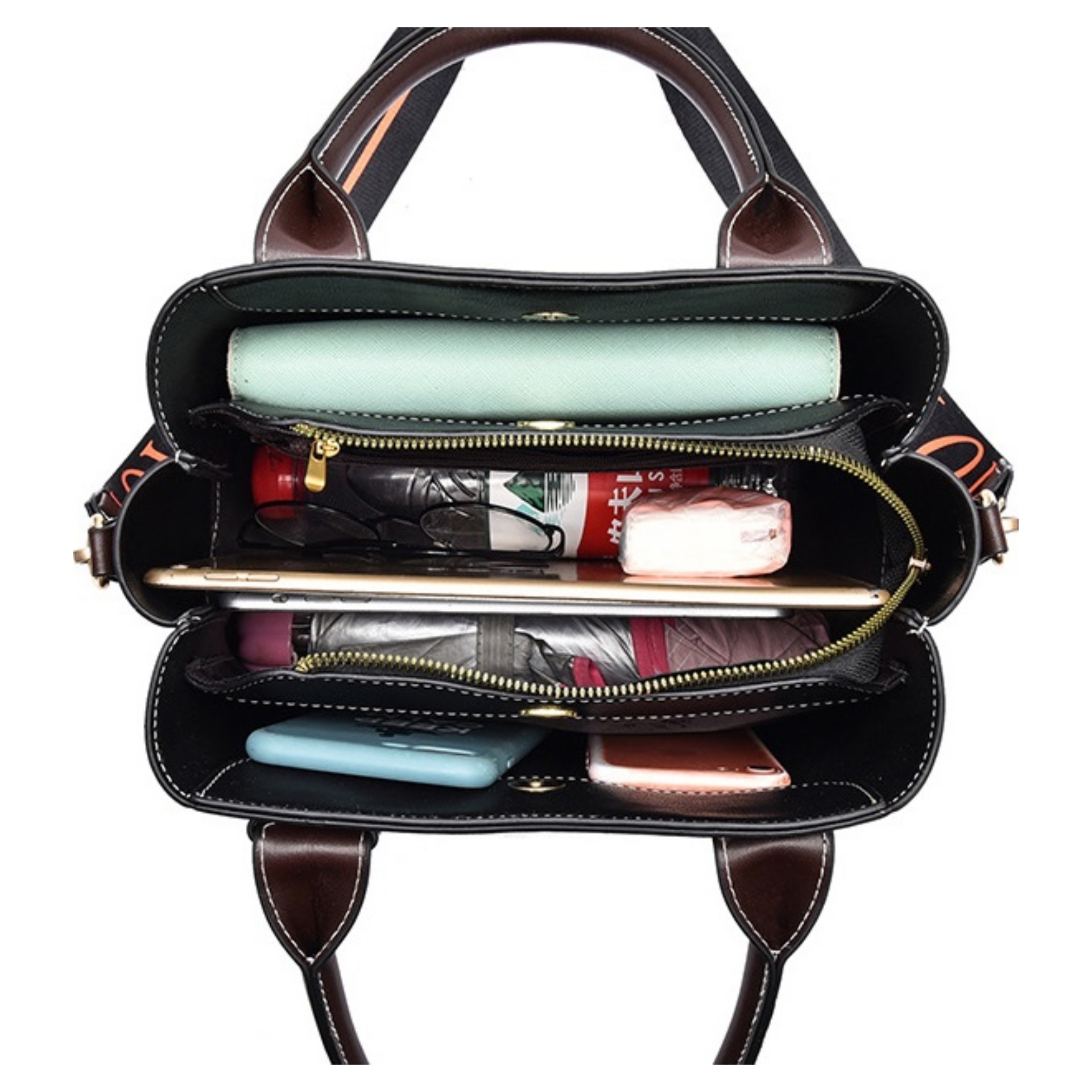 Classic Two-toned 3 Compartment Top Handle Handbag - Image 10