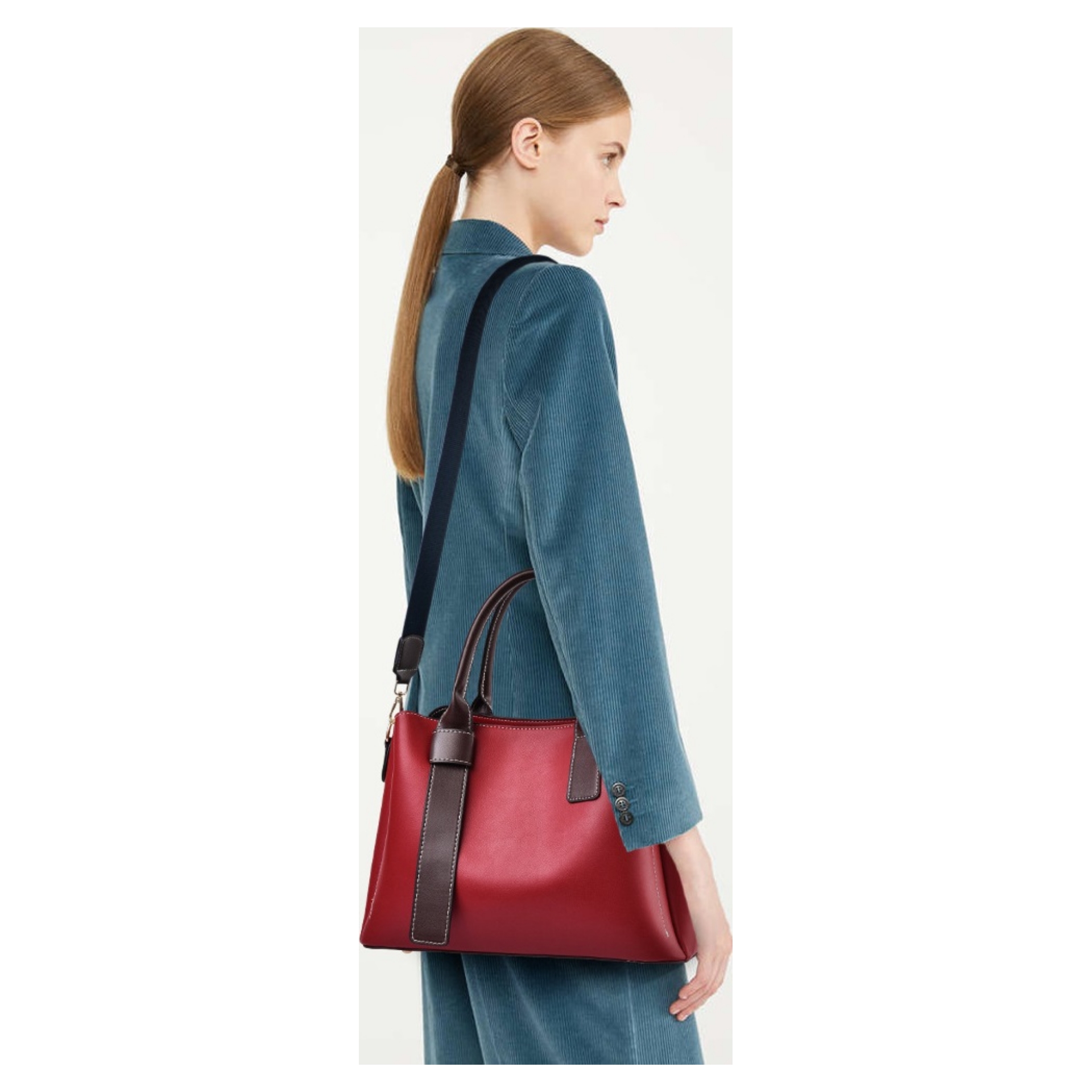 Classic Two-toned 3 Compartment Top Handle Handbag - Image 13