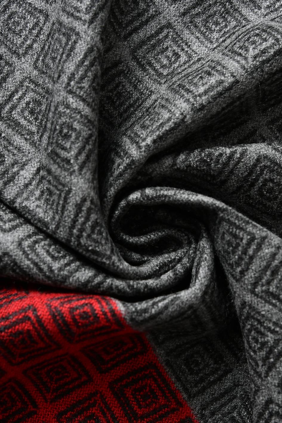 Red and Grey Squares Print Reversible Frayed Unisex Scarf - Image 3
