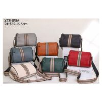 Genuine Leather Barrel Bag with Stripe Canvas Strap