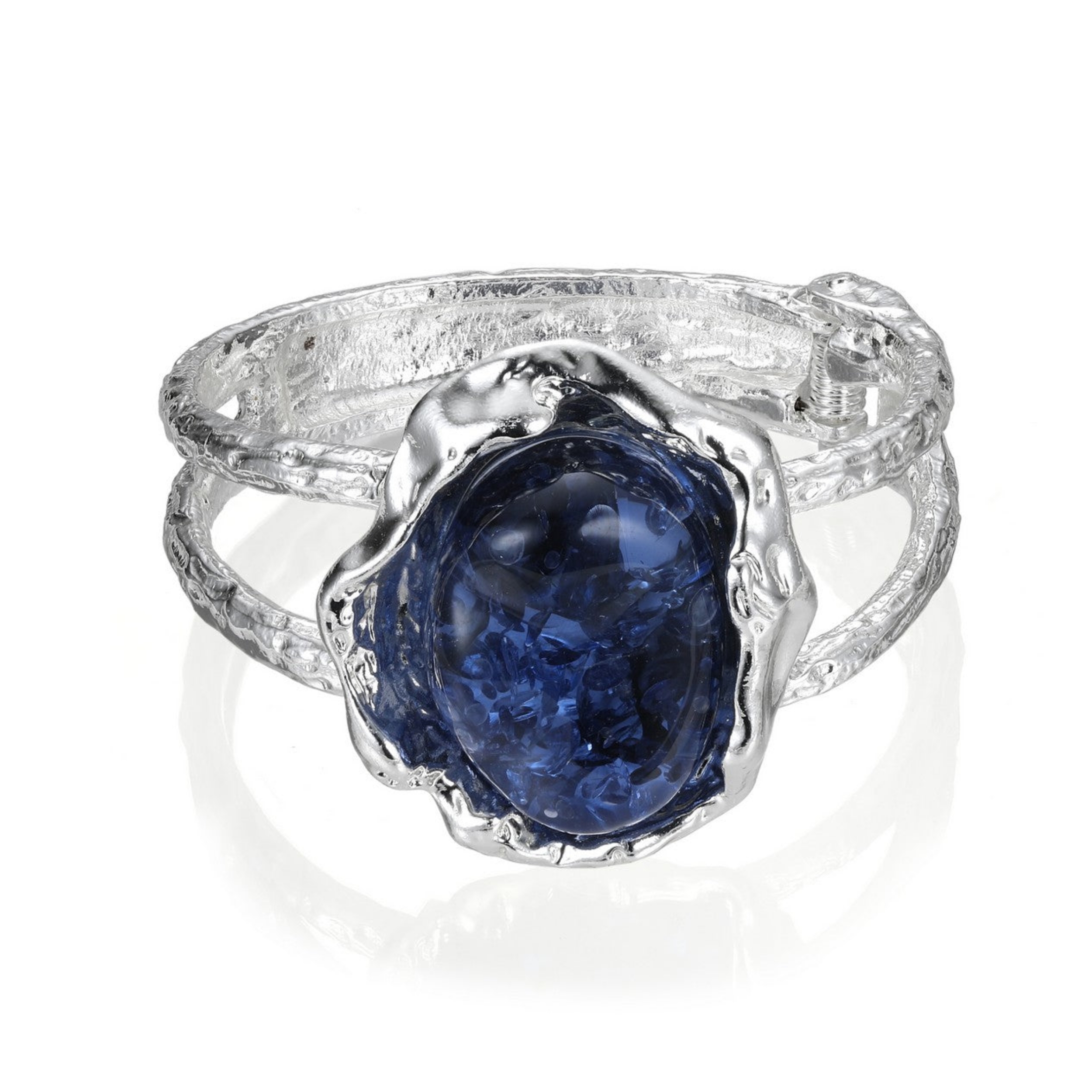Silver Textured Bangle with Navy Gem