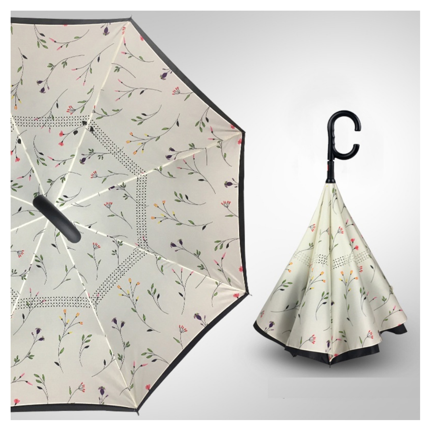 Beige Flower Automatic-opening Printed Upside Down Umbrella