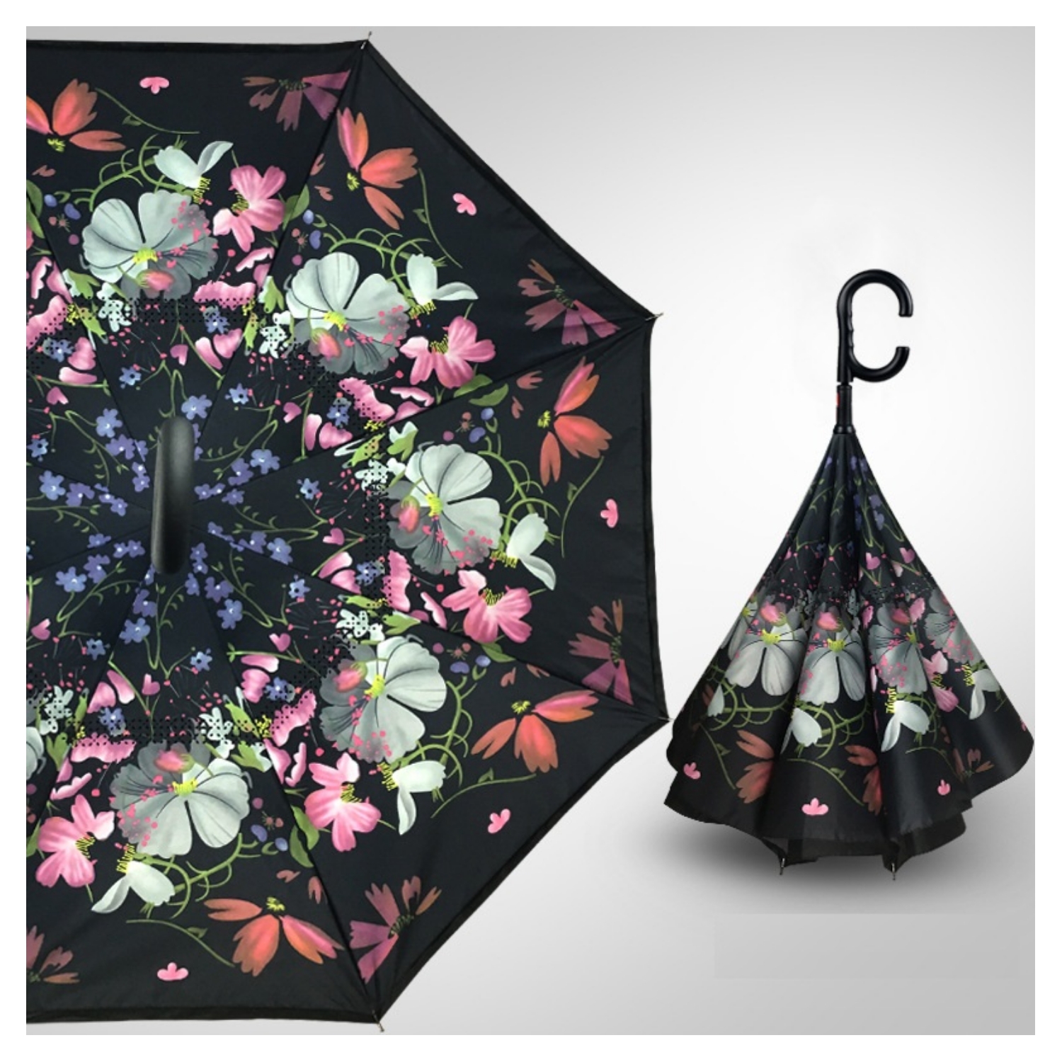 Black and Grey Flower Automatic-opening Printed Upside Down Umbrella