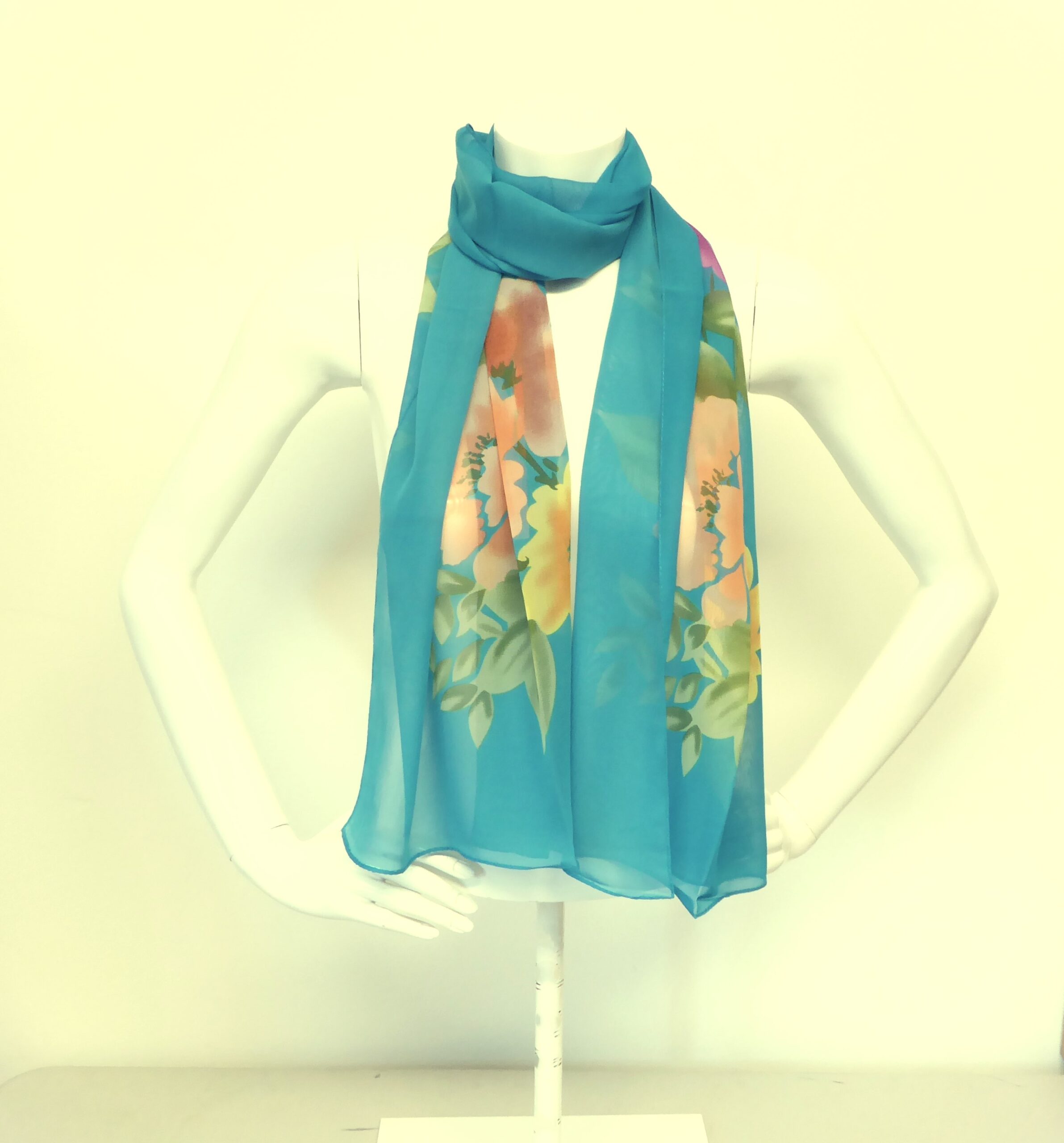 Teal Blue Floral Chiffon Scarf