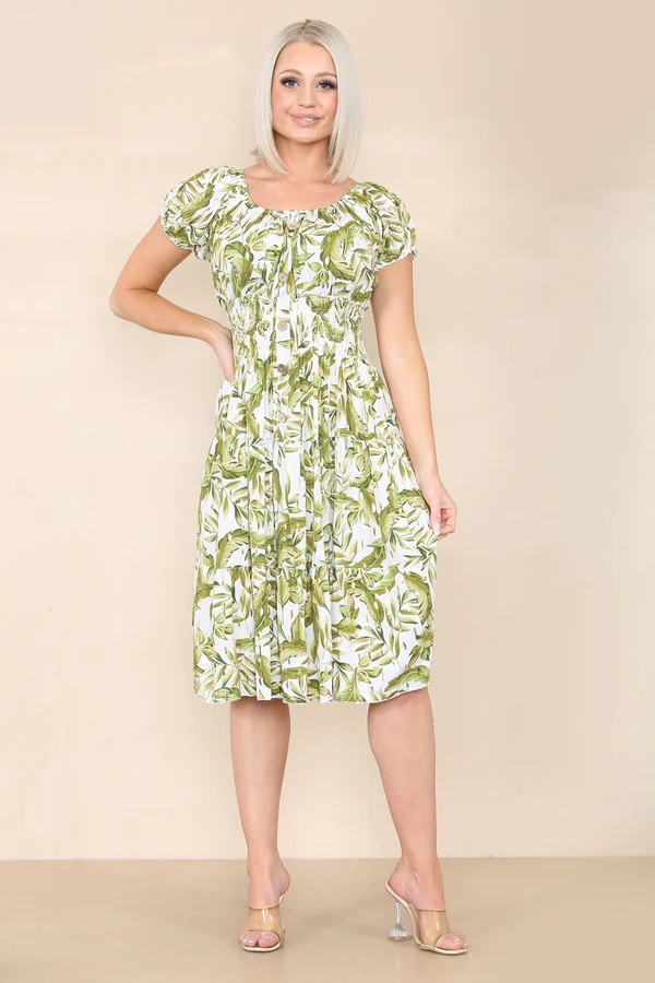Green Luna Gold Foil Bardot Midi Dress