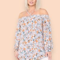 Orange Floral Halter Neck Blouse Top