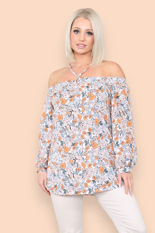 Orange Floral Halter Neck Blouse Top