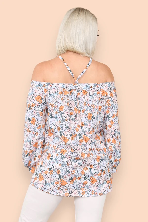 Orange Floral Halter Neck Blouse Top - Image 4