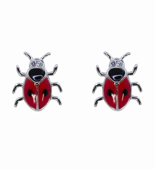 925 Silver Clear CZ & Enamelled Ladybird Stud Earrings