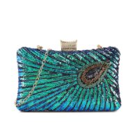 Teal Blue Peacock Feather Box Clutch Bag