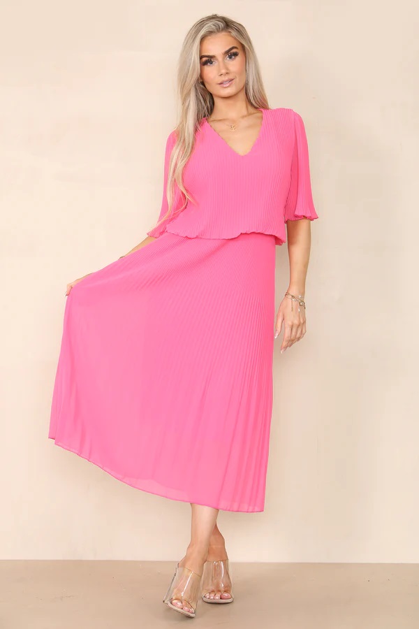 Fuschia Pink Plisse Pleated Layered Maxi Dress - Image 3