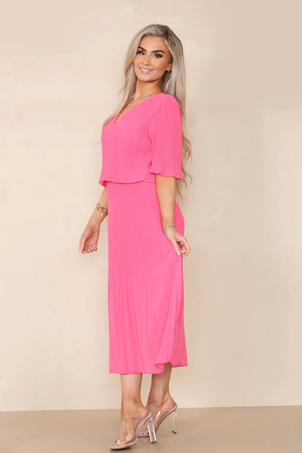 Fuschia Pink Plisse Pleated Layered Maxi Dress - Image 4