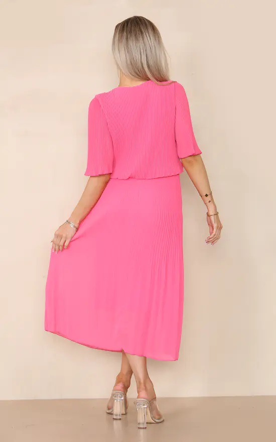 Fuschia Pink Plisse Pleated Layered Maxi Dress - Image 2