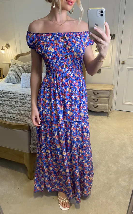 Blue Ditzy Floral Bardot Maxi Dress - Image 3