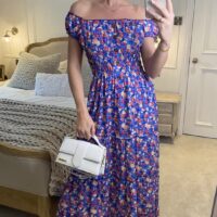 Blue Ditzy Floral Bardot Maxi Dress