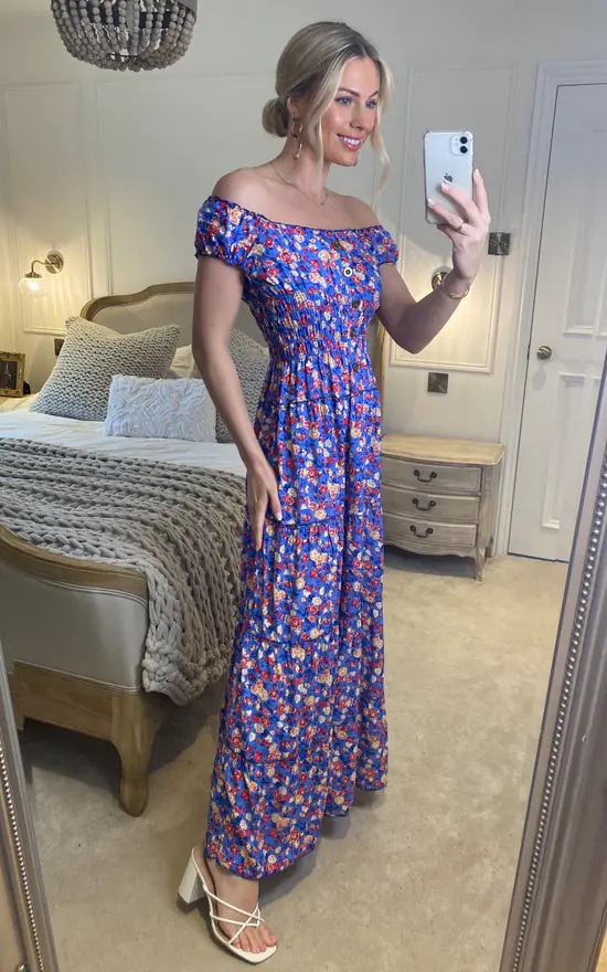 Blue Ditzy Floral Bardot Maxi Dress - Image 4