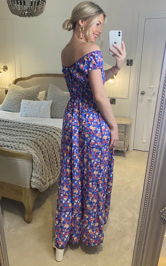 Blue Ditzy Floral Bardot Maxi Dress - Image 5