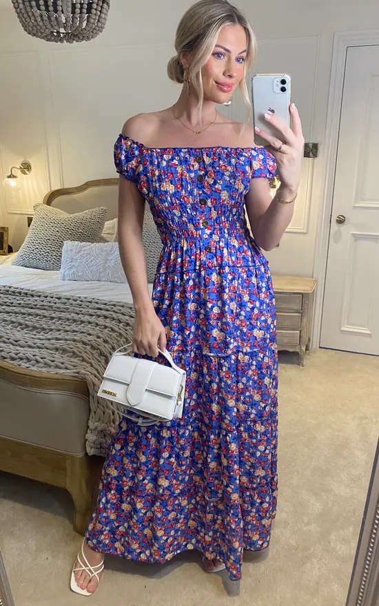 Blue Ditzy Floral Bardot Maxi Dress