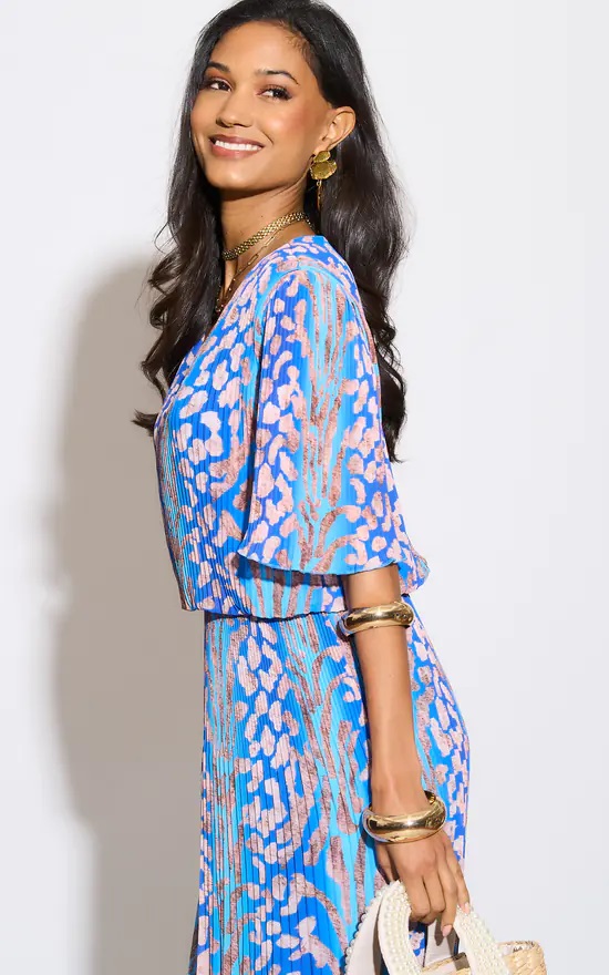 Kayla Leopard Plissee Pleated Layered Dress In Blue - Image 4