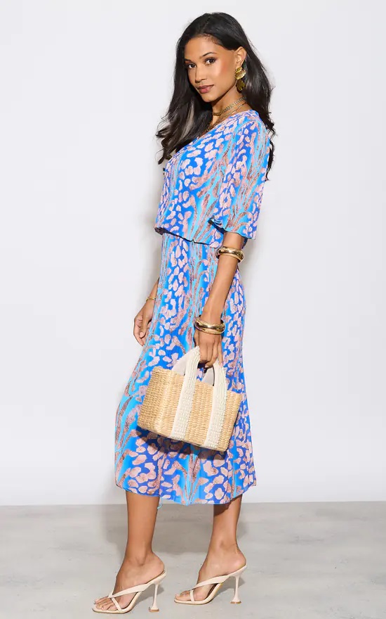 Kayla Leopard Plissee Pleated Layered Dress In Blue - Image 5