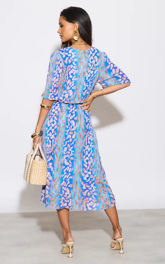 Kayla Leopard Plissee Pleated Layered Dress In Blue - Image 6