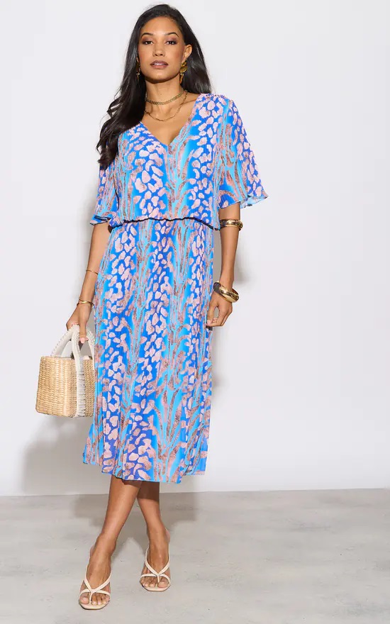 Kayla Leopard Plissee Pleated Layered Dress In Blue