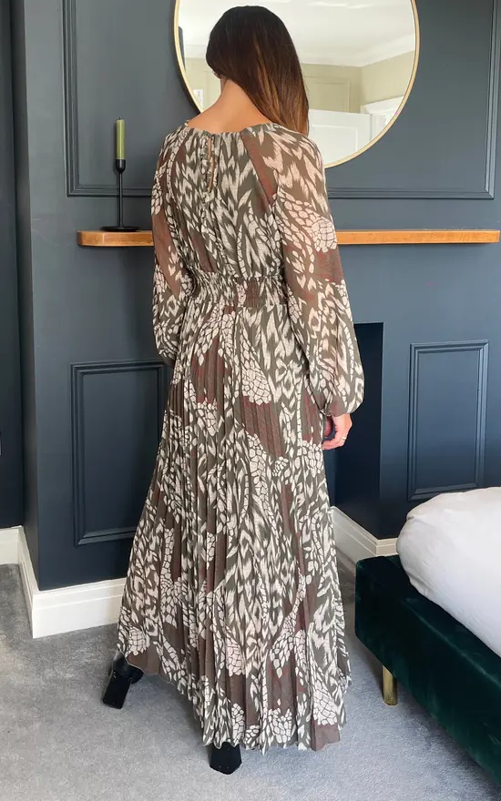 Khaki Autumn Floral Pleated Elasticated Waist Maxi Dress - Image 4