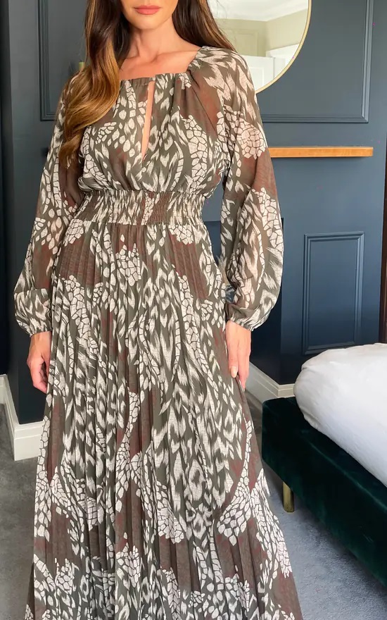 Khaki Autumn Floral Pleated Elasticated Waist Maxi Dress - Image 6