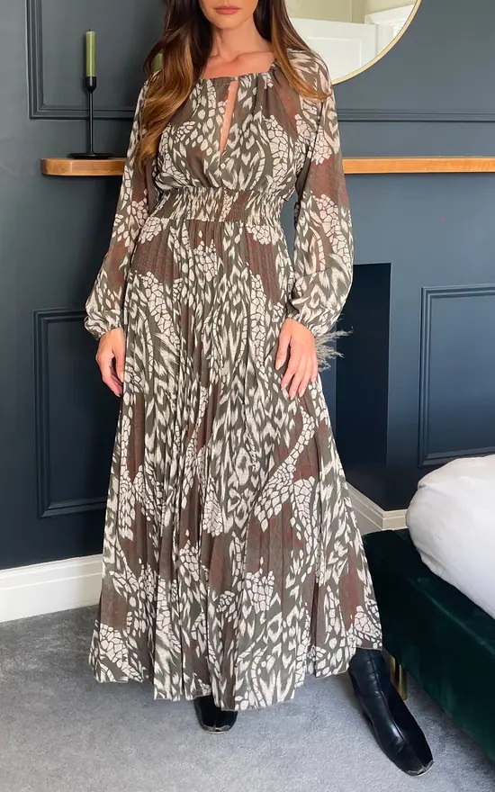 Khaki Autumn Floral Pleated Elasticated Waist Maxi Dress