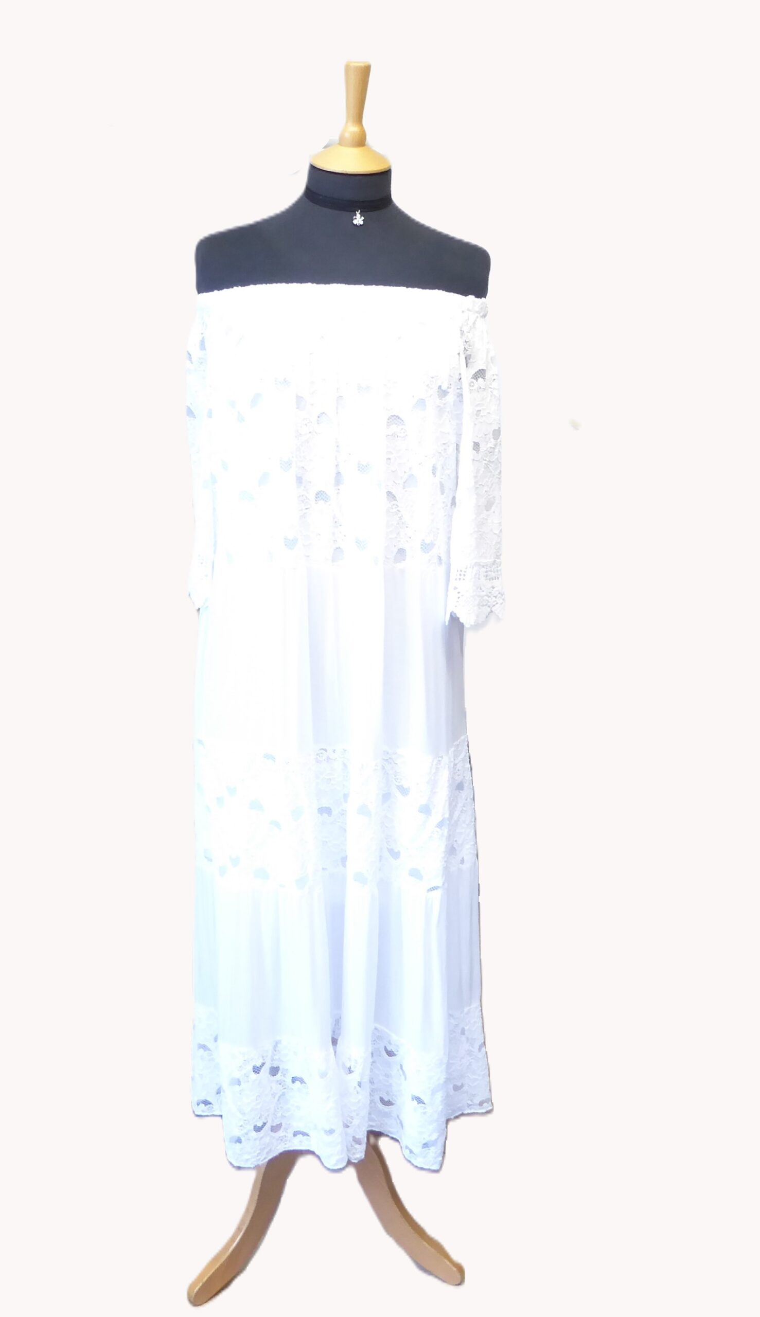 White Lace Cotton Bardot Tiered Dress - Image 2