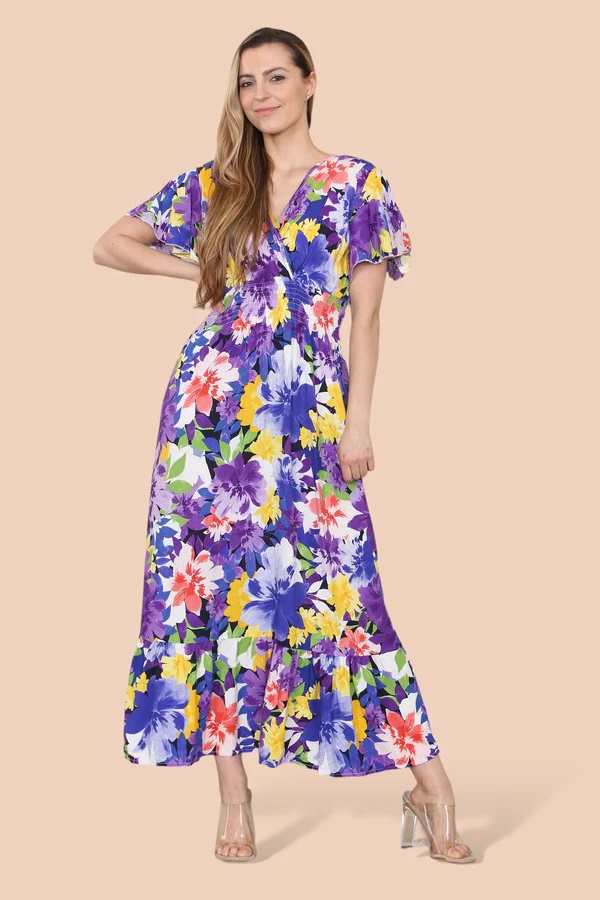 Amelia Floral Cotton Crossover Maxi Dress In Purple