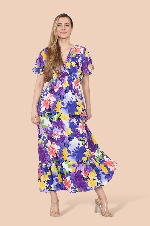 Amelia Floral Cotton Crossover Maxi Dress In Purple - Image 3