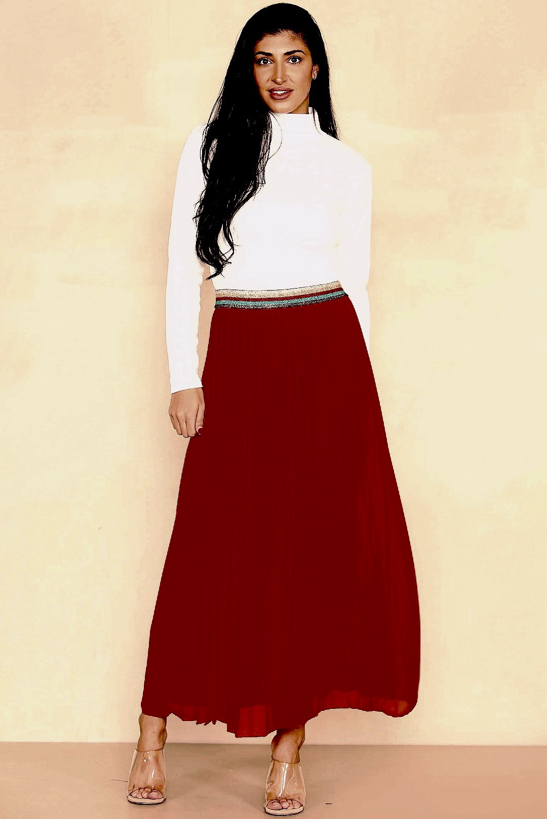 Burgundy Pleated Rainbow Waistband Maxi Skirt