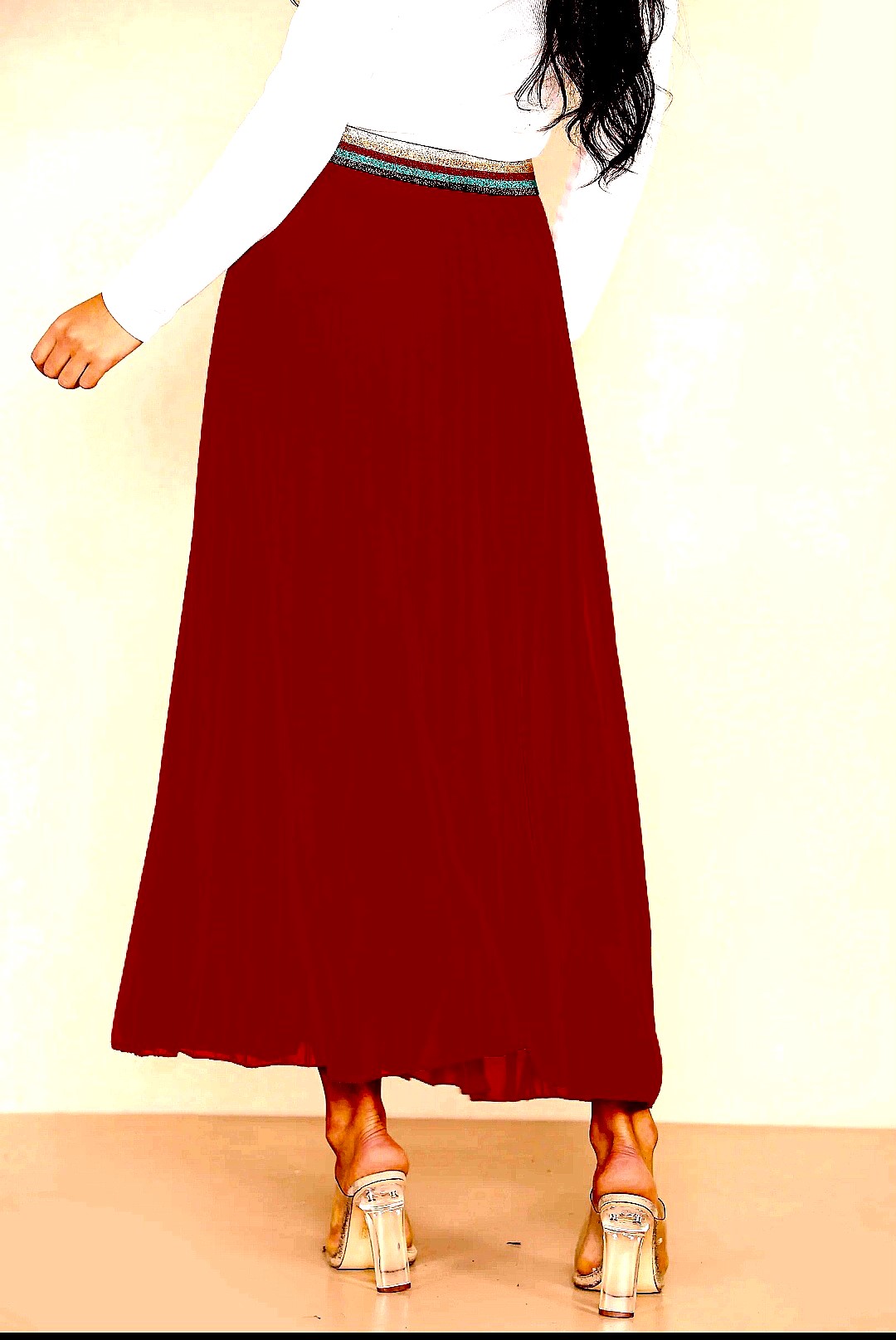 Burgundy Pleated Rainbow Waistband Maxi Skirt - Image 2