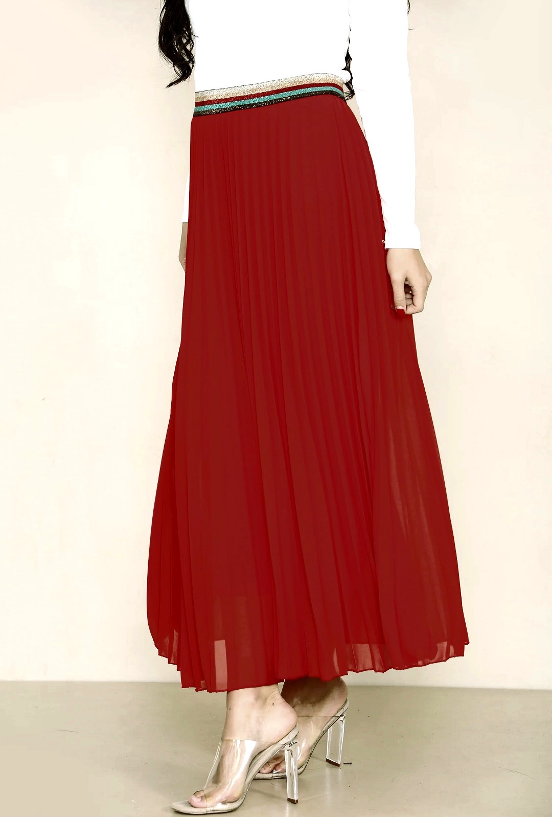 Burgundy Pleated Rainbow Waistband Maxi Skirt - Image 3