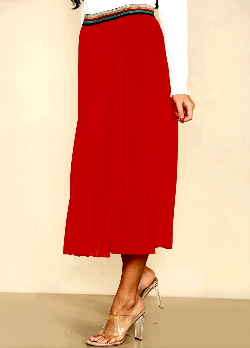 Burgundy Pleated Midi Skirt - Image 4