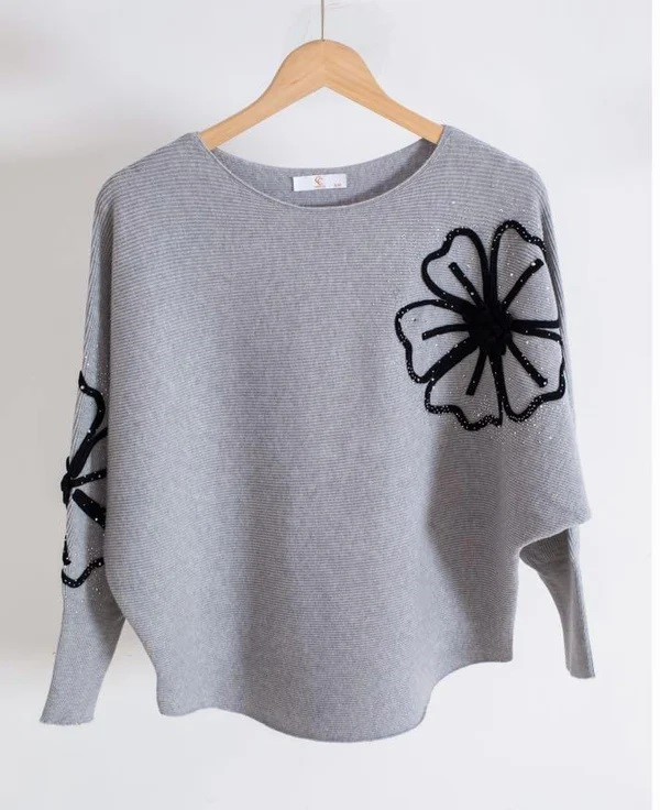 Beige Tonal Daisy Embellished Ribbed Knit - Image 2