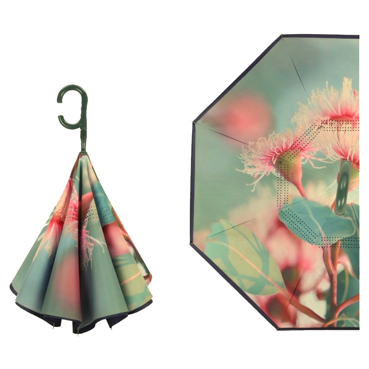 Green Blue Pink Flower Automatic-opening Printed Upside Down Umbrella